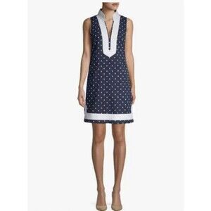Eliza J Navy Blue Polka Dot Sheath Dress Size 6 Nautical Cotton Shift Tea Party